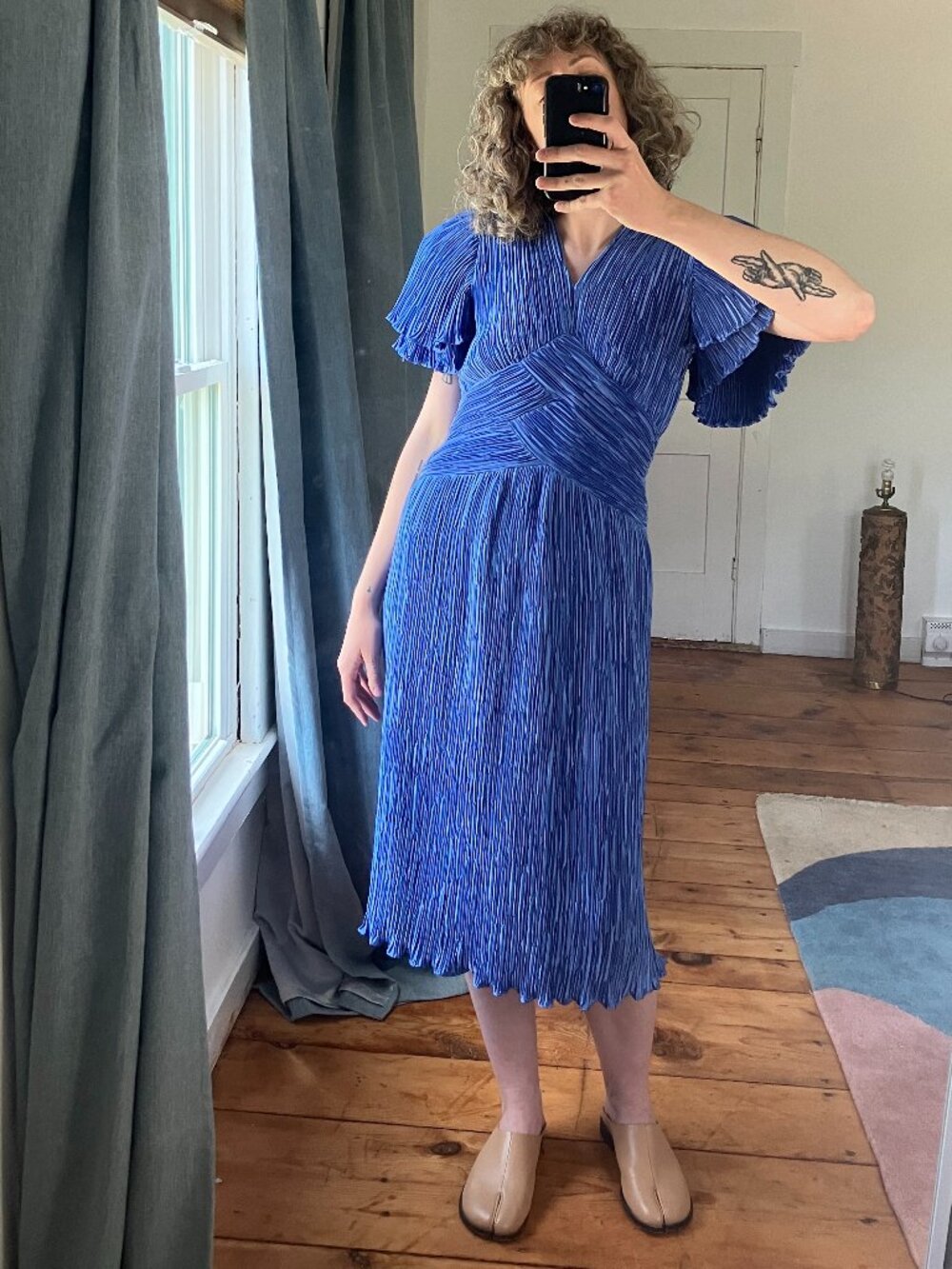 vintage 80s blue pleated frilly tiered midi dress by Karen Lawrence, size 4